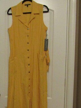 NWT ELIZABETH & NICOLE Gold Yellow Long Belted Button Sleeveless Dress Size L